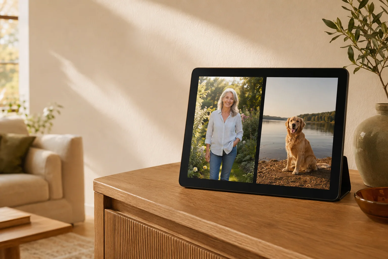 An iPad on a sunlit cabinet, showing a slideshow of family snapshots, a birthday meal, and holiday memories.